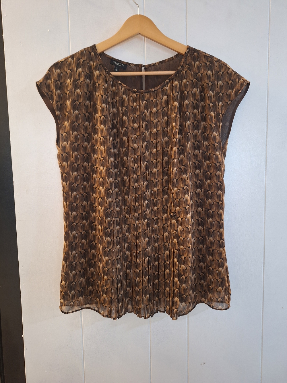 Talbots Brown Multi-Pattern Pleated Cap-Sleeve Tank